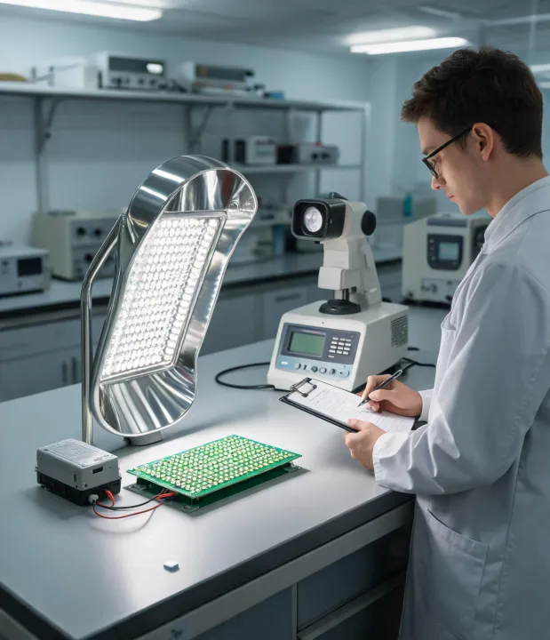 Commercial luminaire optical and driver assemblies on a technical bench