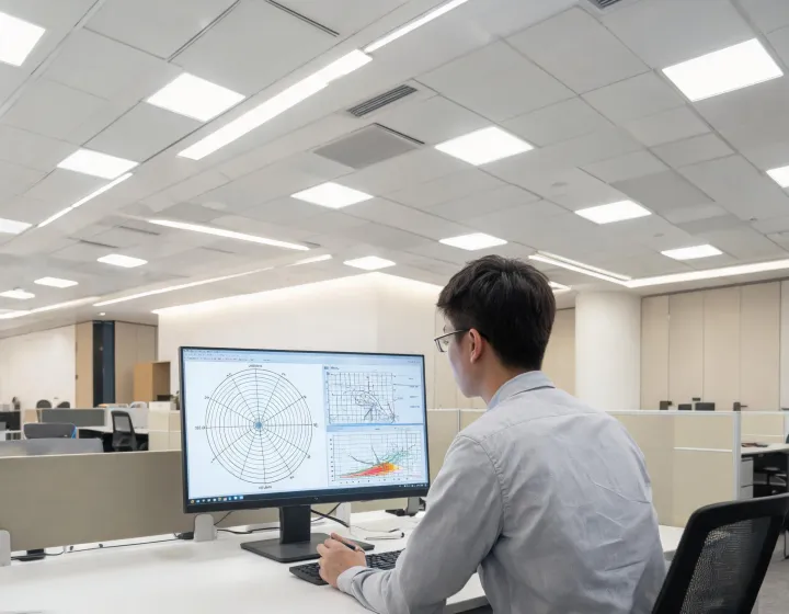 Lighting engineer evaluating office luminaires and photometric plots