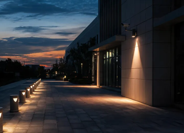 Civic walkway with shielded bollard lighting