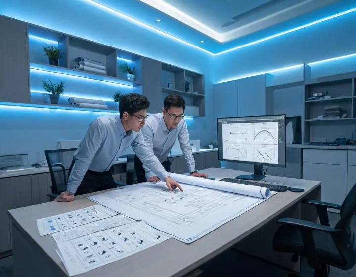 Lighting specifier and electrical engineer reviewing plans